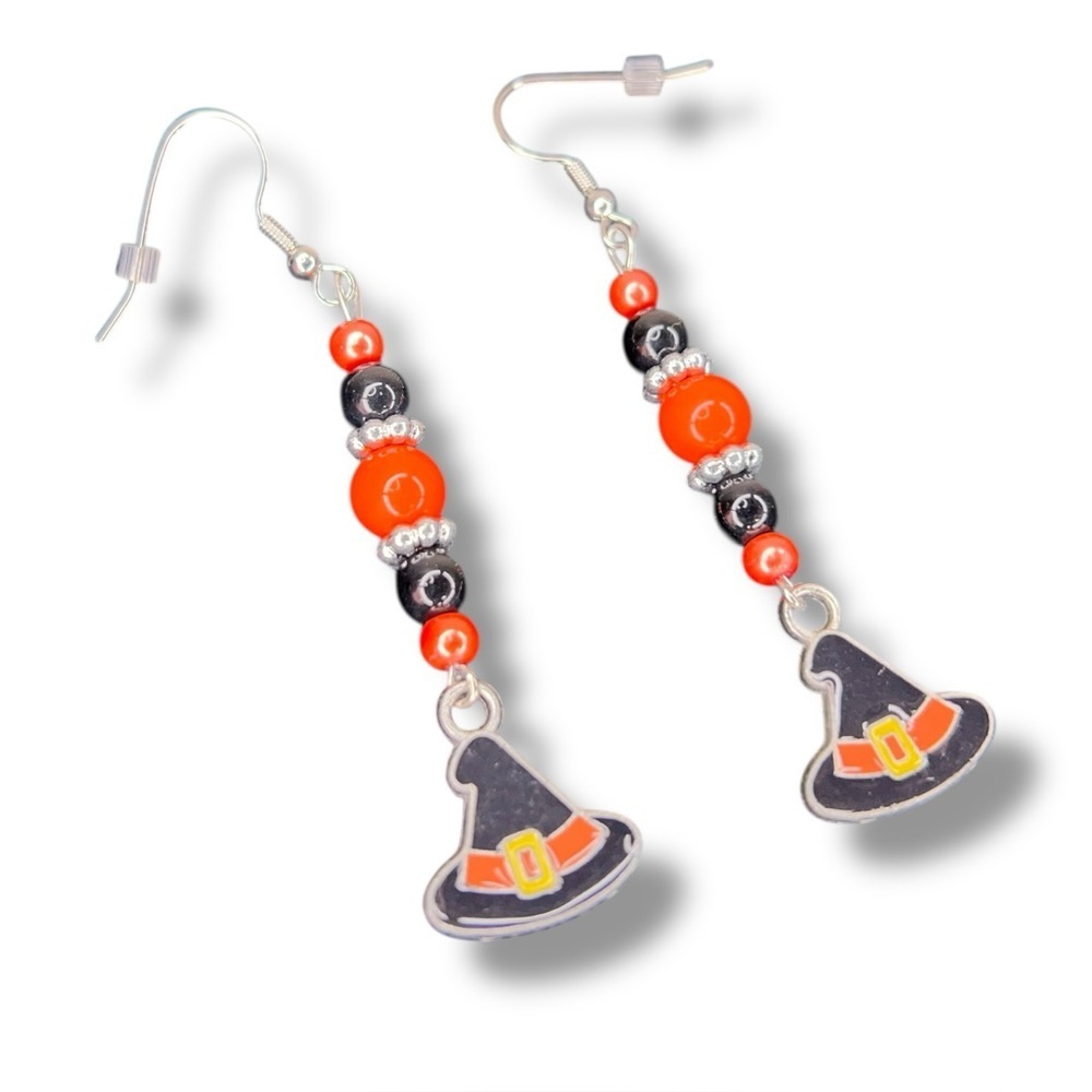 Handmade Orange Black Halloween Earrings Witch Hat Beaded Silver Base Dangle